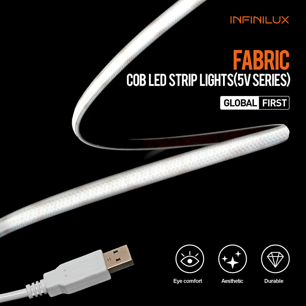 INFINILUX Fabric COB LED Strip Lights,Super Bright 5V USB COB Tape Light 3.28ft/1m 3000K Warm White,CRI90+ Flexible TV Backlights,for Mirrors,Under Cabinet,Home DIY Projects