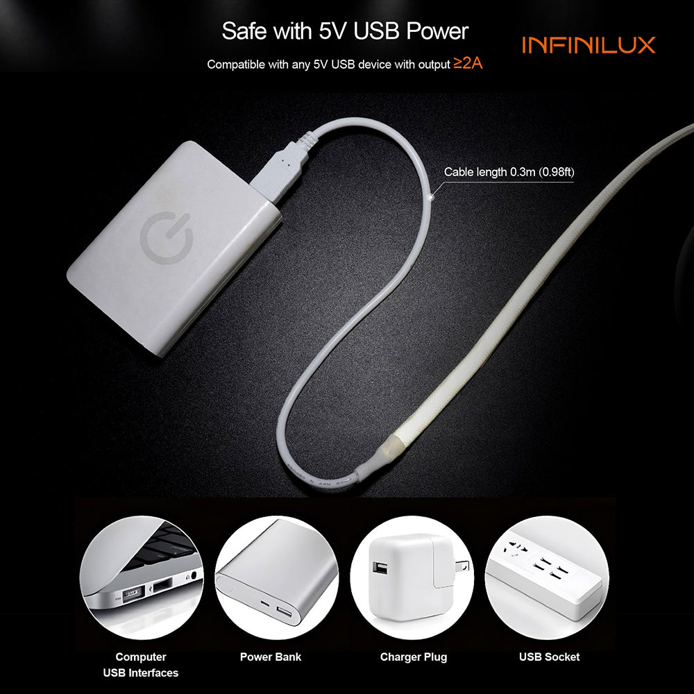 INFINILUX Fabric COB LED Strip Lights,Super Bright 5V USB COB Tape Light 3.28ft/1m 3000K Warm White,CRI90+ Flexible TV Backlights,for Mirrors,Under Cabinet,Home DIY Projects