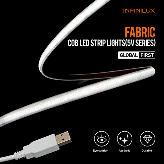 INFINILUX Fabric COB LED Strip Lights,Super Bright 5V USB COB Tape Light 3.28ft/1m 3000K Warm White,CRI90+ Flexible TV Backlights,for Mirrors,Under Cabinet,Home DIY Projects